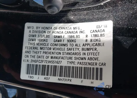 2018 Honda Civic Ex из США, поврежденный, VIN 2HGFC2F72JH551627